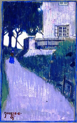 Landscape with House, Trees and Female Figure Oil painting by Egon Schiele