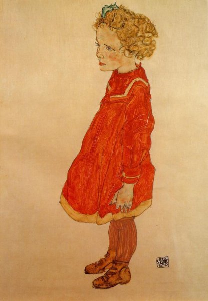 Main Product Photo of Little Girl with Blond Hair in a Red Dress Painting by Egon Schiele