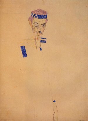 Man with Blue Headband and Hand on Cheek Oil painting by Egon Schiele