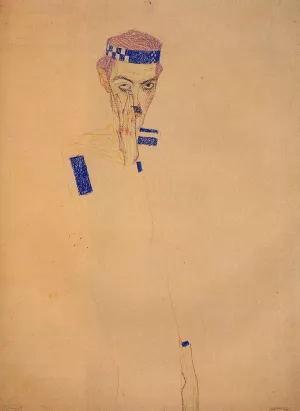 Man with Blue Headband and Hand on Cheek Oil painting by Egon Schiele