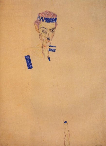 Man with Blue Headband and Hand on Cheek by Egon Schiele - Hand-Painted Oil Painting Reproduction