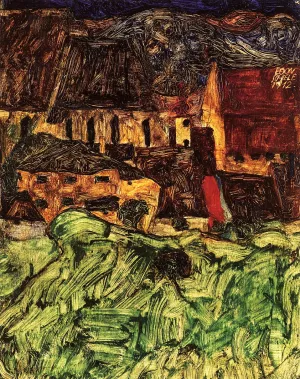 Meadow, Church and Houses painting by Egon Schiele