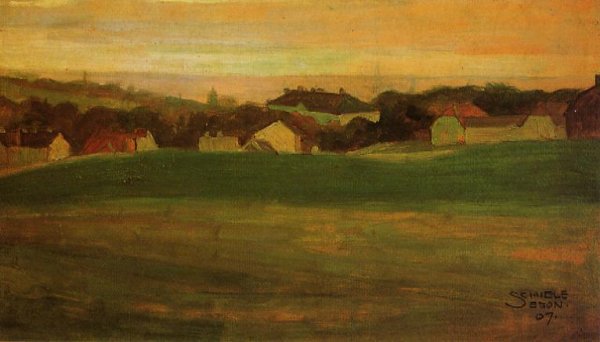 Meadow with Village in Background II by Egon Schiele - Hand-Painted Oil Painting Reproduction