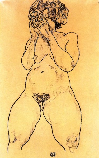 Nude Gir from the Front, Hands over Her Face by Egon Schiele - Hand-Painted Oil Painting Reproduction