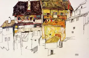 Old Houses in Krumau by Egon Schiele - Oil Painting Reproduction