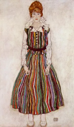 Portrait of Edith Schiele in a Striped Dress by Egon Schiele - Oil Painting Reproduction