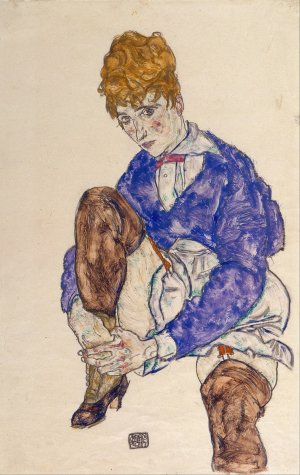 Portrait of the Artist's Wife Seated, Holding Her Right Leg by Egon Schiele Oil Painting