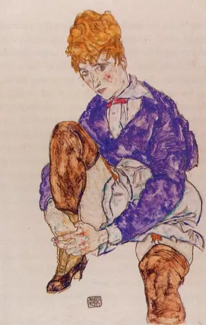 Portrait of the Artist's Wife Seated, Holding Her Right Leg Oil painting by Egon Schiele