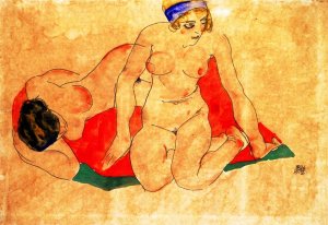 Reclining and Seated Female Nudes on a Red and Green Cloth by Egon Schiele Oil Painting