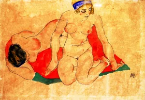 Reclining and Seated Female Nudes on a Red and Green Cloth by Egon Schiele Oil Painting