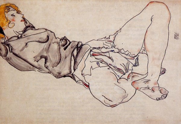 Main Product Photo of Reclining Woman with Blond Hair Painting by Egon Schiele