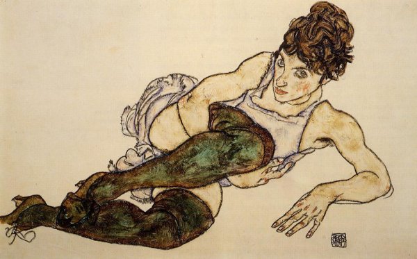 Main Product Photo of Reclining Woman with Green Stockings also known as Adele Harms Painting by Egon Schiele