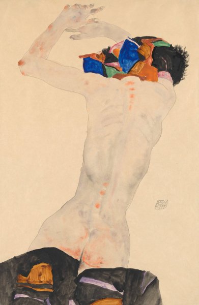 Main Product Photo of Ruckenakt mit buntem Tuch  Painting by Egon Schiele