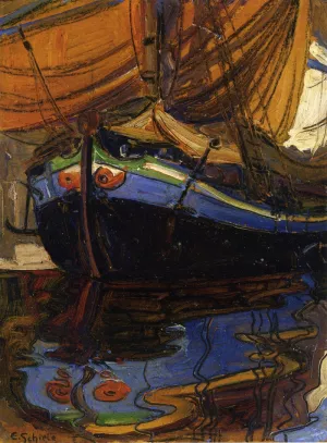 Sailing Boat with Reflection in the Water by Egon Schiele Oil Painting