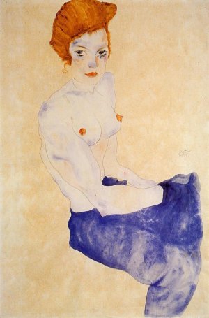 Seated Girl with Bare Torso and Light Blue Skirt Oil painting by Egon Schiele