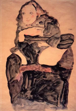 Seated Girl with Raised Left Leg painting by Egon Schiele