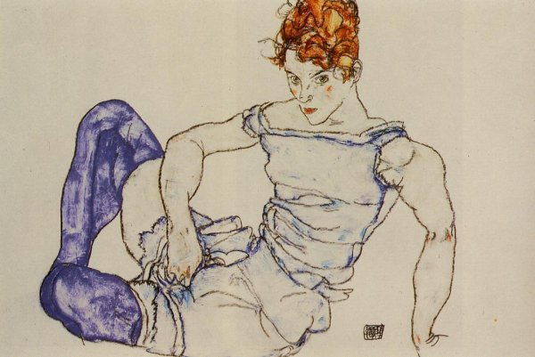 Main Product Photo of Seated Woman in Violet Stockings Painting by Egon Schiele