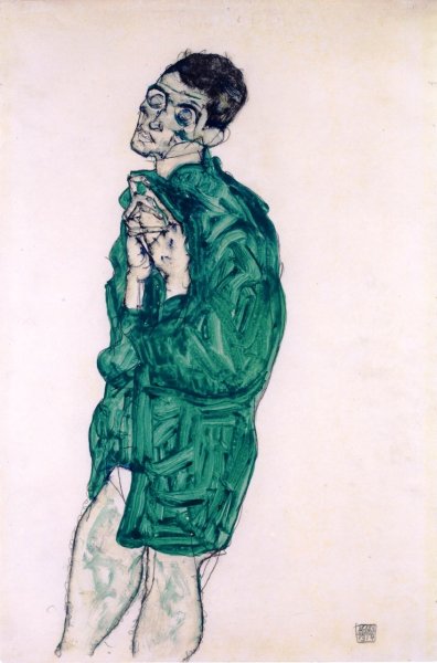 Self-Portrait in Green Shirt with Eyes Closed by Egon Schiele - Hand-Painted Oil Painting Reproduction