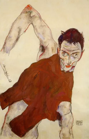 Self Portrait in Jerkin with Right Elbow Raised by Egon Schiele Oil Painting