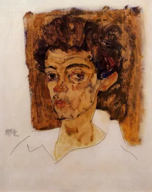 Self Portrait with Brown Background by Egon Schiele - Oil Painting Reproduction