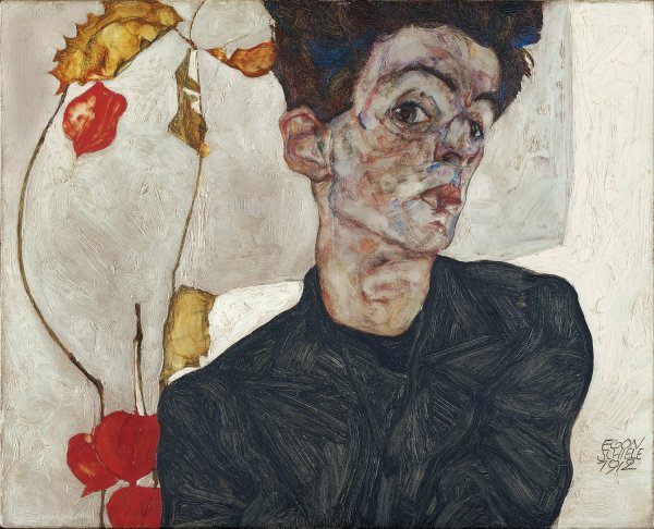 Main Product Photo of Self-Portrait With Physalis  Painting by Egon Schiele