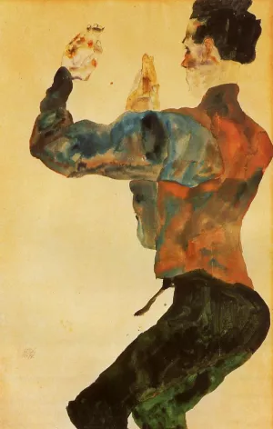 Self Portrait with Raised Arms, Back View by Egon Schiele - Oil Painting Reproduction