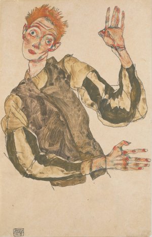 Self-Portrait with Striped Sleeves by Egon Schiele Oil Painting