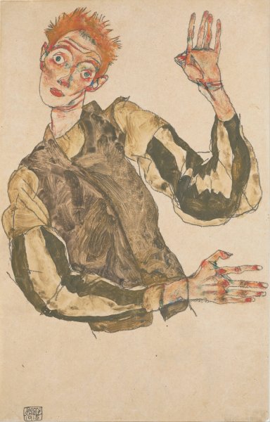 Self-Portrait with Striped Sleeves  by Egon Schiele - Hand-Painted Oil Painting Reproduction