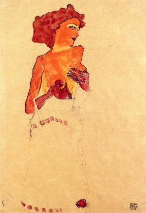 Semi-Nude Girl Holding Her Breast, Facing Right