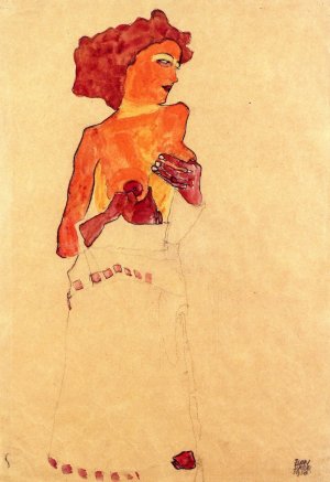 Semi-Nude Girl Holding Her Breast, Facing Right Oil painting by Egon Schiele