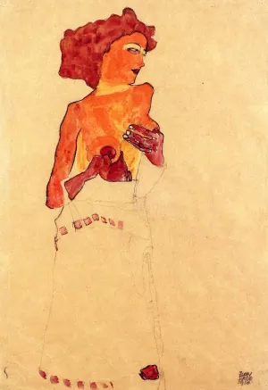Semi-Nude Girl Holding Her Breast, Facing Right by Egon Schiele - Oil Painting Reproduction