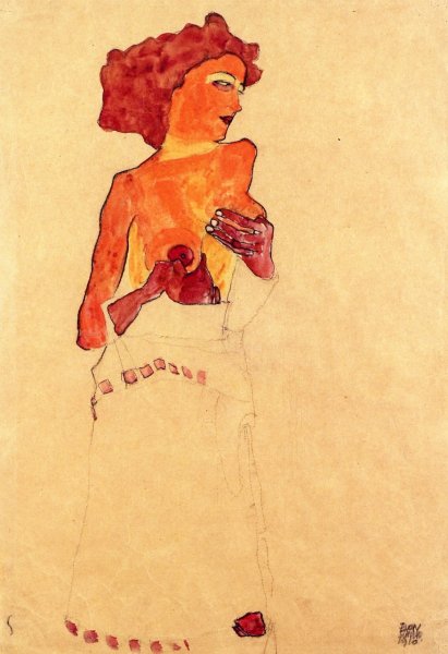 Semi-Nude Girl Holding Her Breast, Facing Right by Egon Schiele - Hand-Painted Oil Painting Reproduction
