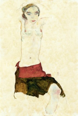 Semi-Nude with Colored Skirt and Raised Arms Oil painting by Egon Schiele
