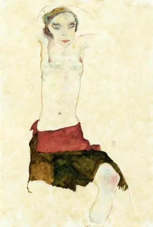 Semi-Nude with Colored Skirt and Raised Arms by Egon Schiele Oil Painting