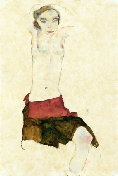 Semi-Nude with Colored Skirt and Raised Arms by Egon Schiele - Hand-Painted Oil Painting Reproduction