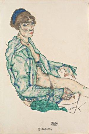Sitting Semi-Nude with Blue Hairband by Egon Schiele Oil Painting