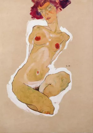 Squatting Female Nude Oil painting by Egon Schiele