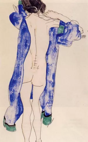 Standing Female Nude in a Blue Robe by Egon Schiele - Oil Painting Reproduction