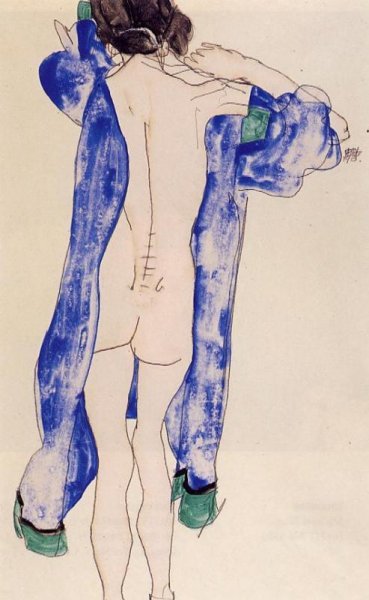 Main Product Photo of Standing Female Nude in a Blue Robe Painting by Egon Schiele