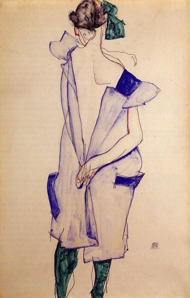 Main Product Photo of Standing Girl in a Blue Dress and Green Stockings, Back View Painting by Egon Schiele