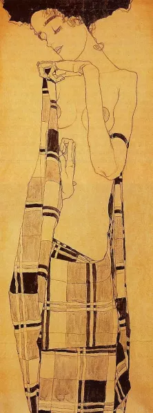 Standing Girl in a Plaid Garment by Egon Schiele - Oil Painting Reproduction