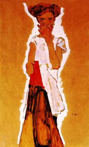 Standing Girl in White Underwear by Egon Schiele - Oil Painting Reproduction