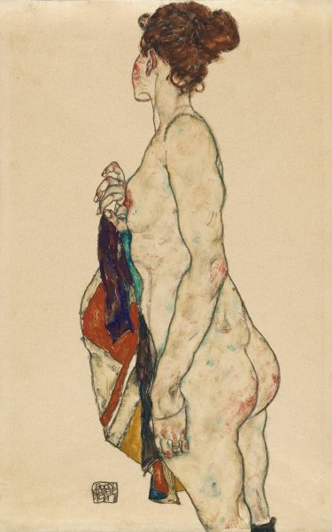 Main Product Photo of Standing Nude with a Patterned Robe  Painting by Egon Schiele