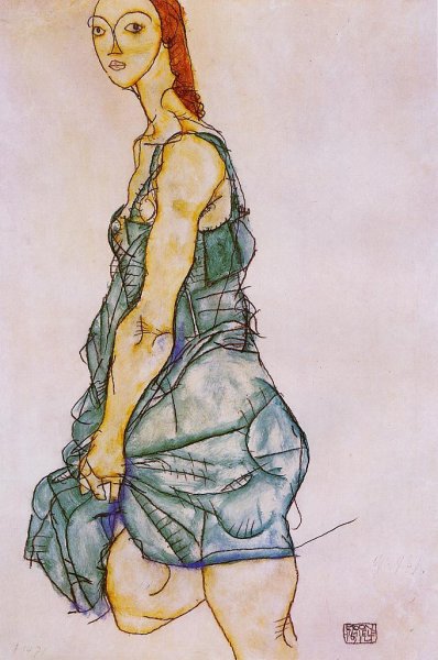 Main Product Photo of Standing Woman in a Green Skirt Painting by Egon Schiele