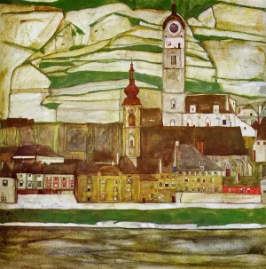 Stein on the Danube with Terraced Vineyards also known as Stein on the Danube, Seen from the South Large Version by Egon Schiele - Oil Painting Reproduction