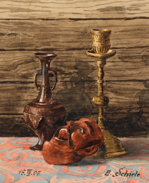 Stillleben mit Kerzenleuchter, Vase und Maske by Egon Schiele Oil Painting