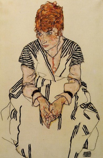 Main Product Photo of The Artist's Sister-in-Law in a Striped Dress, Seated Painting by Egon Schiele