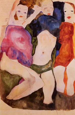 Three Girls painting by Egon Schiele