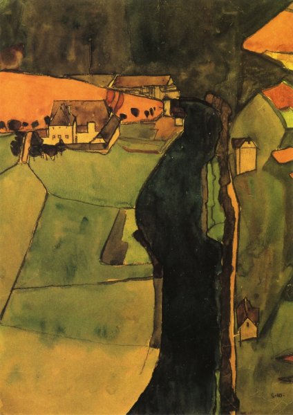 Town on the Blue River by Egon Schiele - Hand-Painted Oil Painting Reproduction