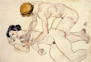 Two Female Nudes, One Reclining, One Kneeling Oil painting by Egon Schiele